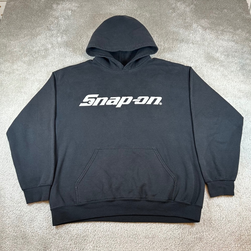 Vintage Y2K Snap-on Hoodie Mens L Black Logo Pullover Workwear Pocket Sweatshirt